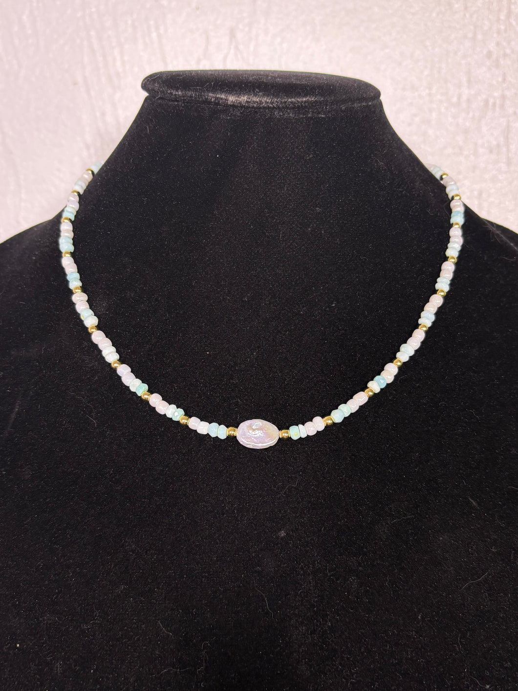 Handmade fresh water pearl and Peruvian opal necklace