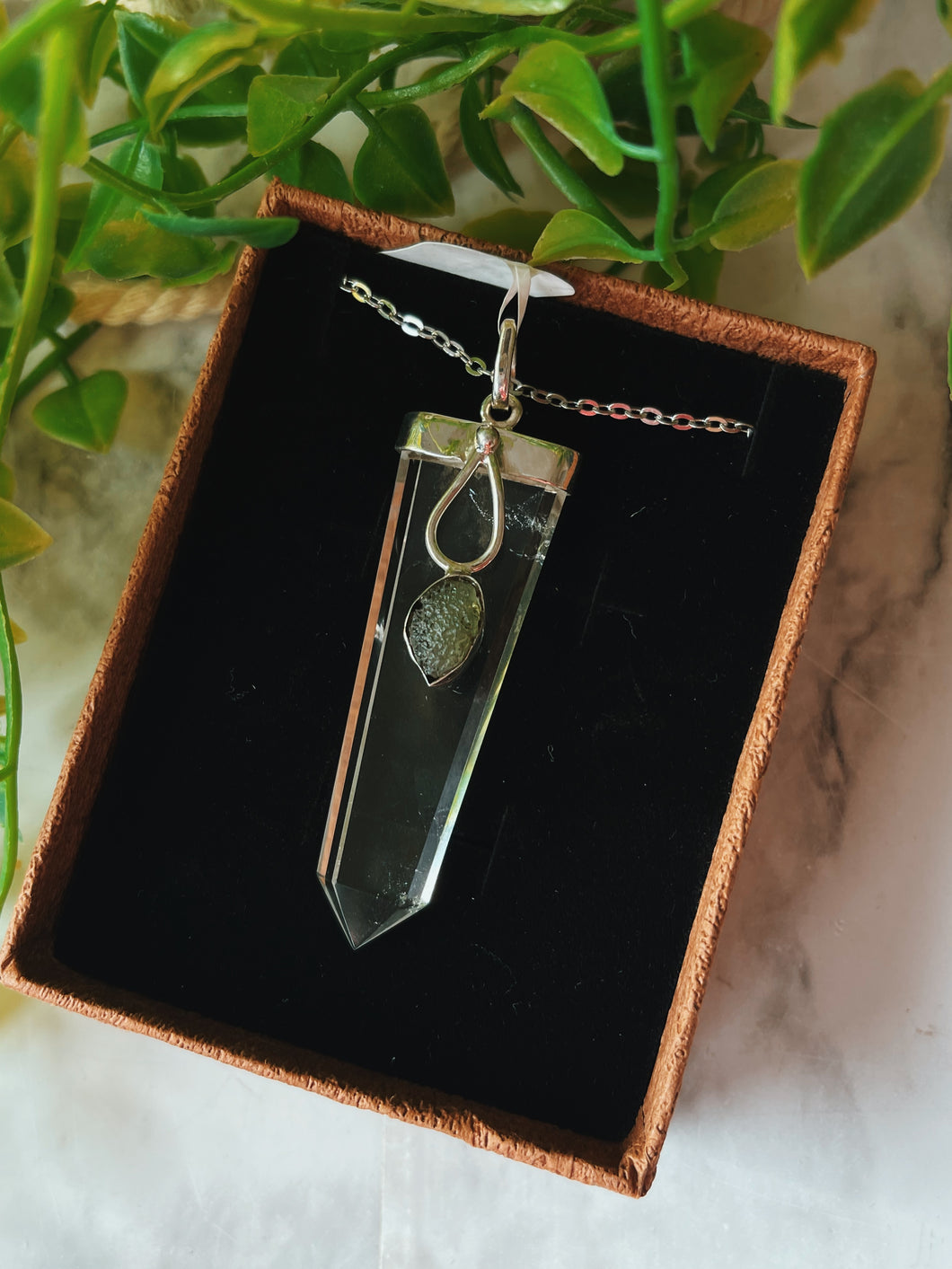 925s Moldavite and Clear Quartz pendant duo